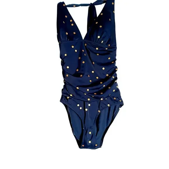 Boden navy blue and gold polka dot halterneck one-piece swimsuit. US 8 - Picture 2 of 4